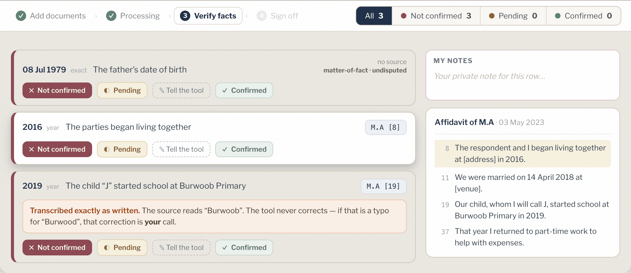 Ordana verify screen: dated facts, each pinned to its source document and page, with Not-confirmed, Pending and Confirmed controls.